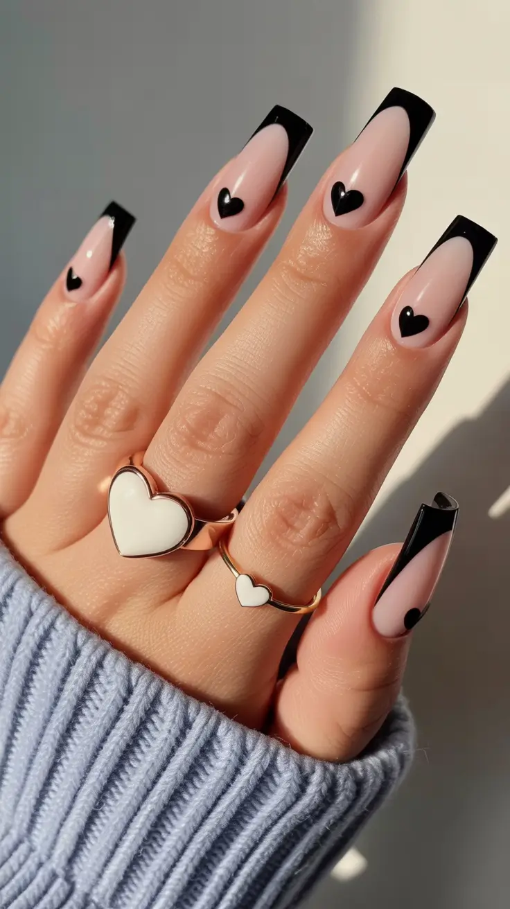 acrylic nail designs 2026 French Noir Hearts