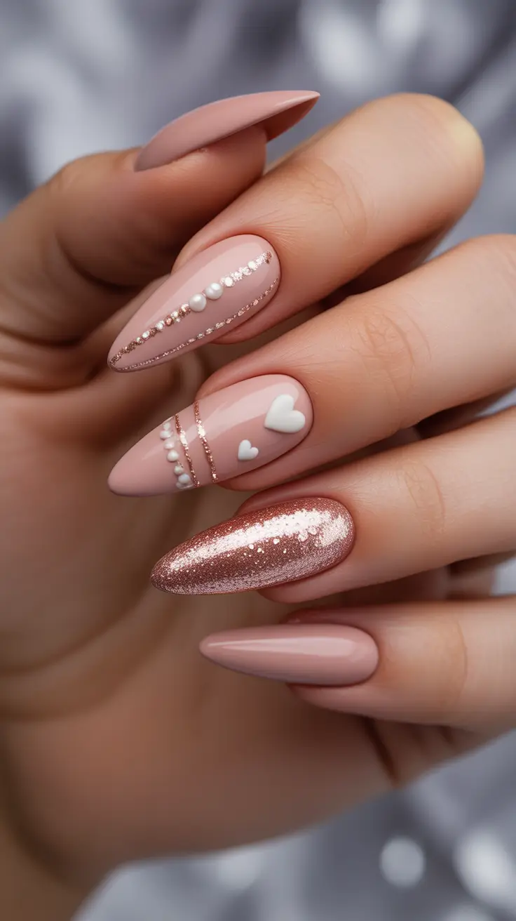 acrylic nail designs 2026 Blush Pearls & Rose Gold