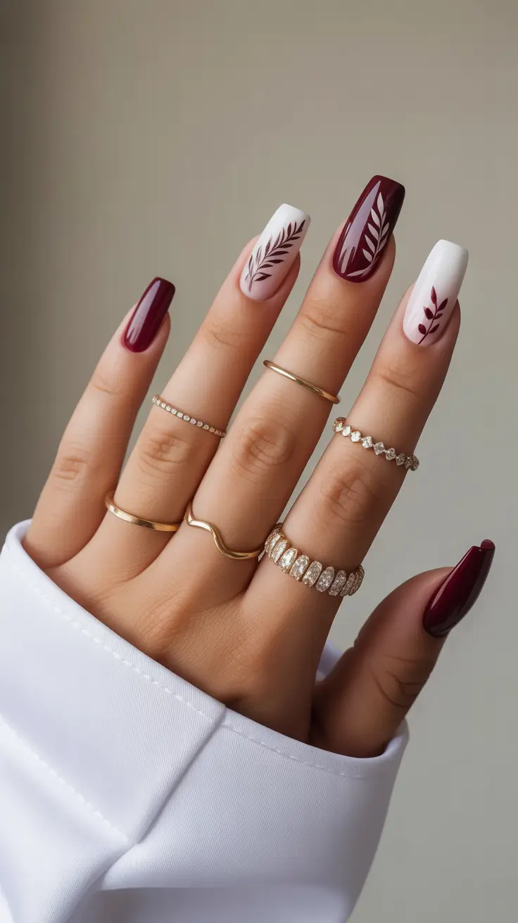 acrylic nail designs 2026 Wine & Cream Botanical