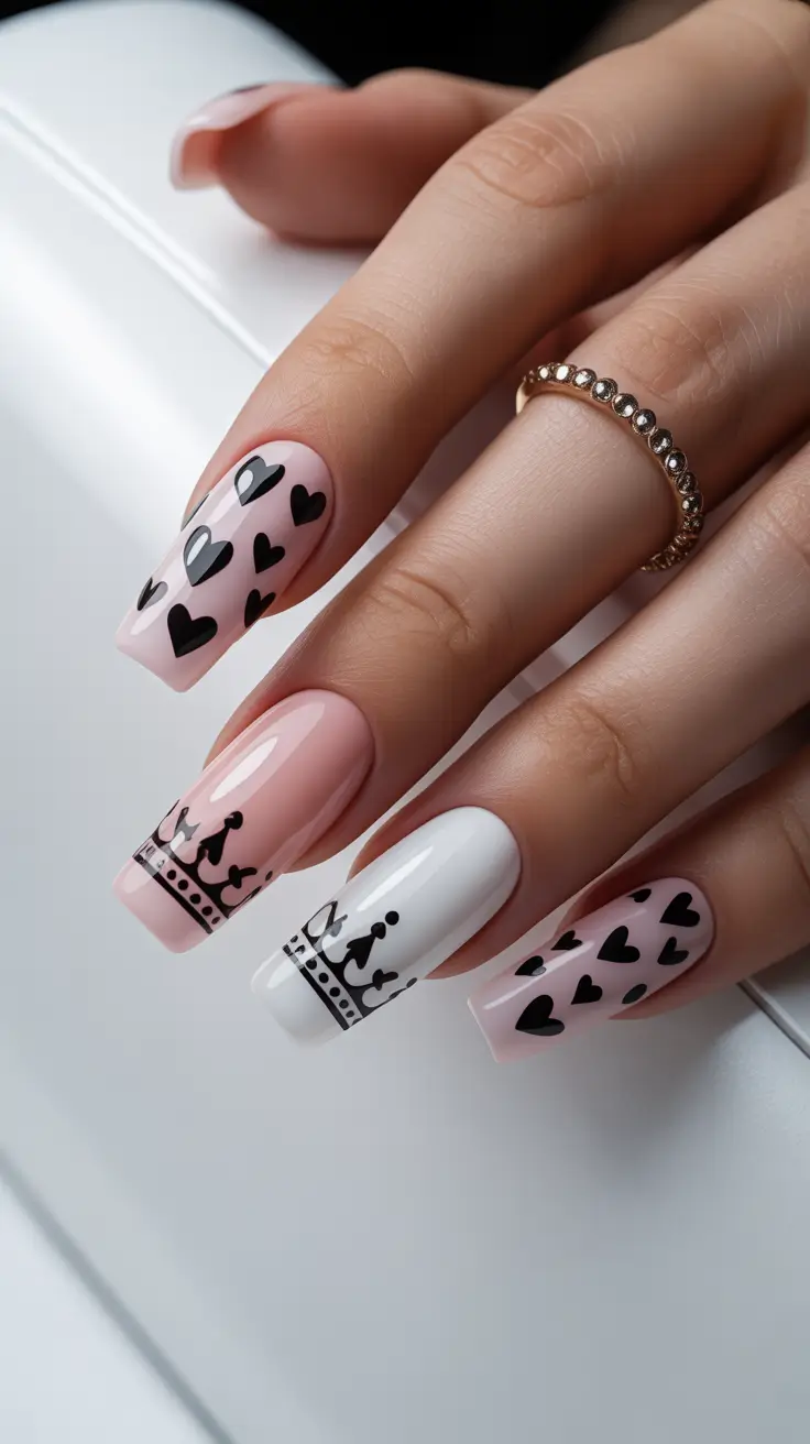 acrylic nail designs 2026 Royal Hearts & Crowns