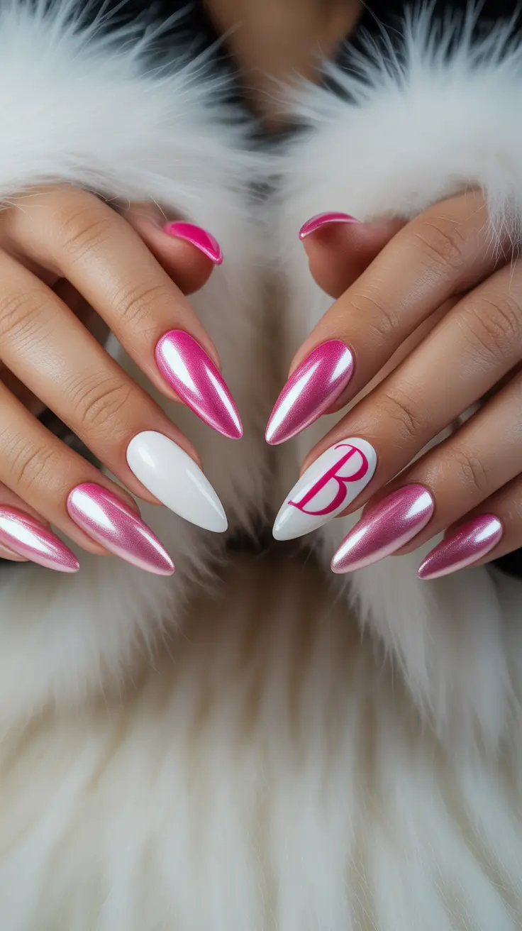 birthday nail designs 2026 Barbie Chrome with an Initial