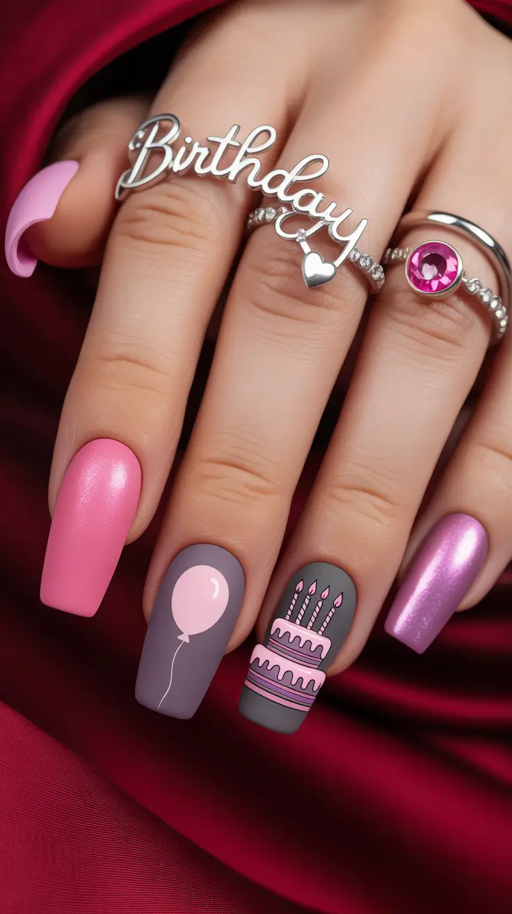 birthday nail designs 2026 Matte Mauve & Pink Party Layers