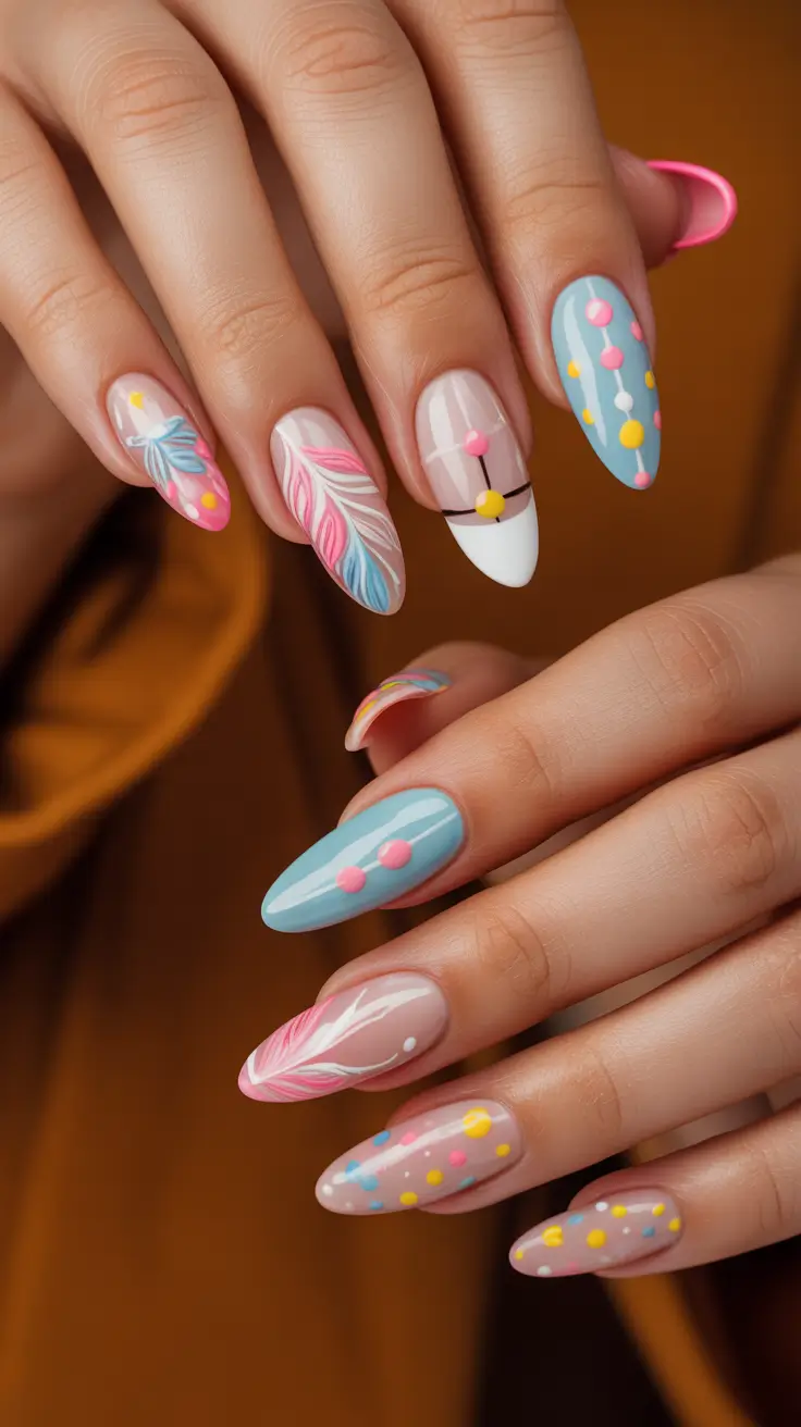 birthday nail designs 2026 Whimsical Feather & Sprinkle Fantasy