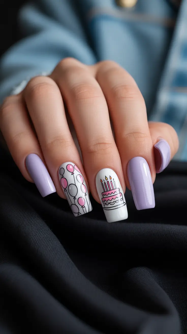 birthday nail designs 2026 Lavender Dreams with Classic Cake & Balloons