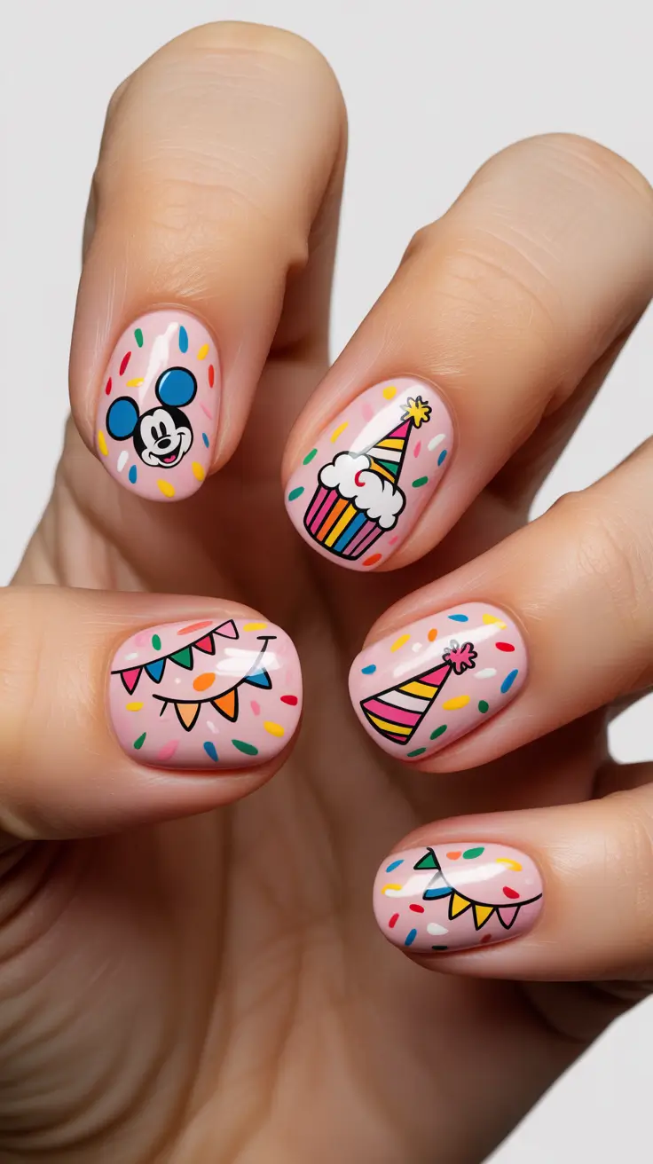 birthday nail designs 2026 Mickey Meets Cupcake Pastels