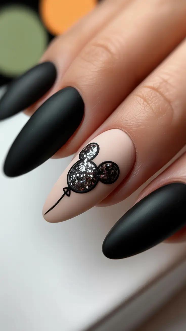 birthday nail designs 2026 Black Glitter Mickey Balloon
