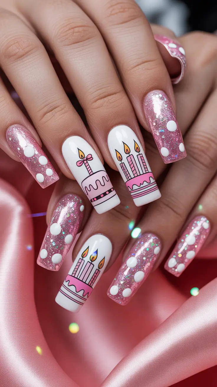 birthday nail designs 2026 Glittery Pink Celebration with Cakes & Confetti