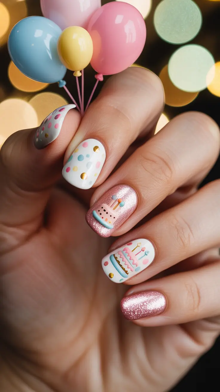 birthday nail designs 2026 Mini Cakes & Pastel Confetti Magic