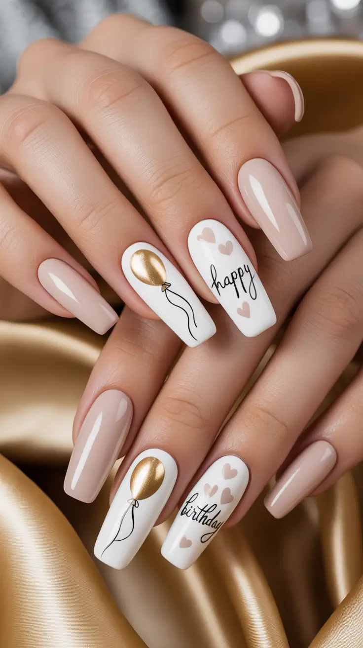 birthday nail designs 2026 Gold Balloon & Blush Birthday Mood