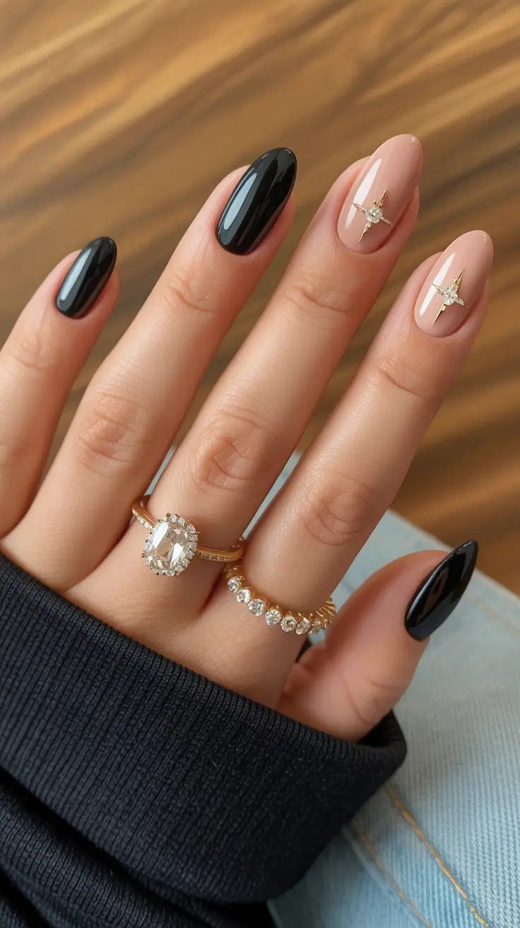 black-nail-designs-2026-Gloss-Meets-Glam-with-Gold-Stars