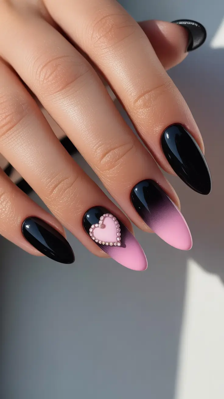 black-nail-designs-2026-Sweetheart-Fade-with-a-Pop-of-Pink