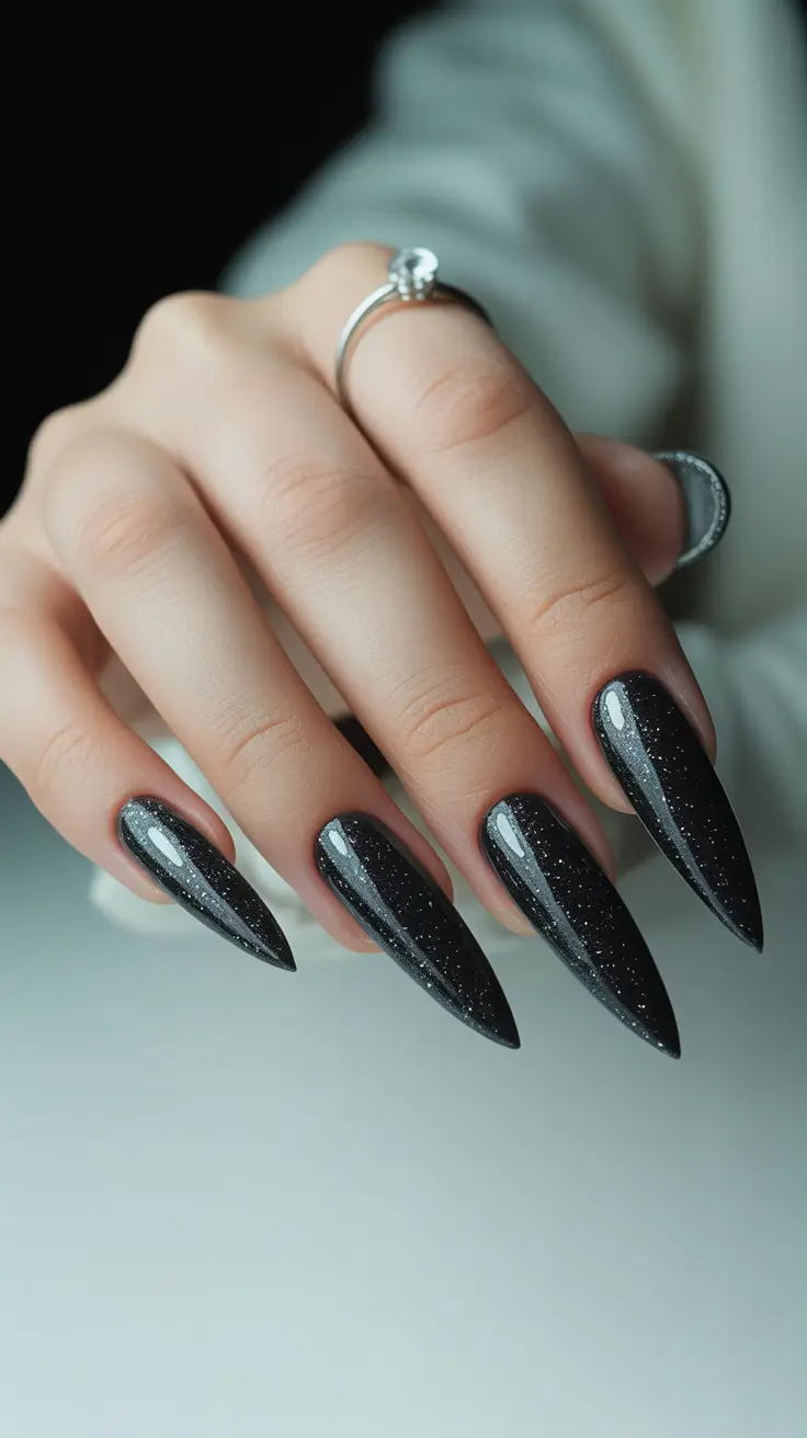 black-nail-designs-2026-Stiletto-Stardust-Sparkle