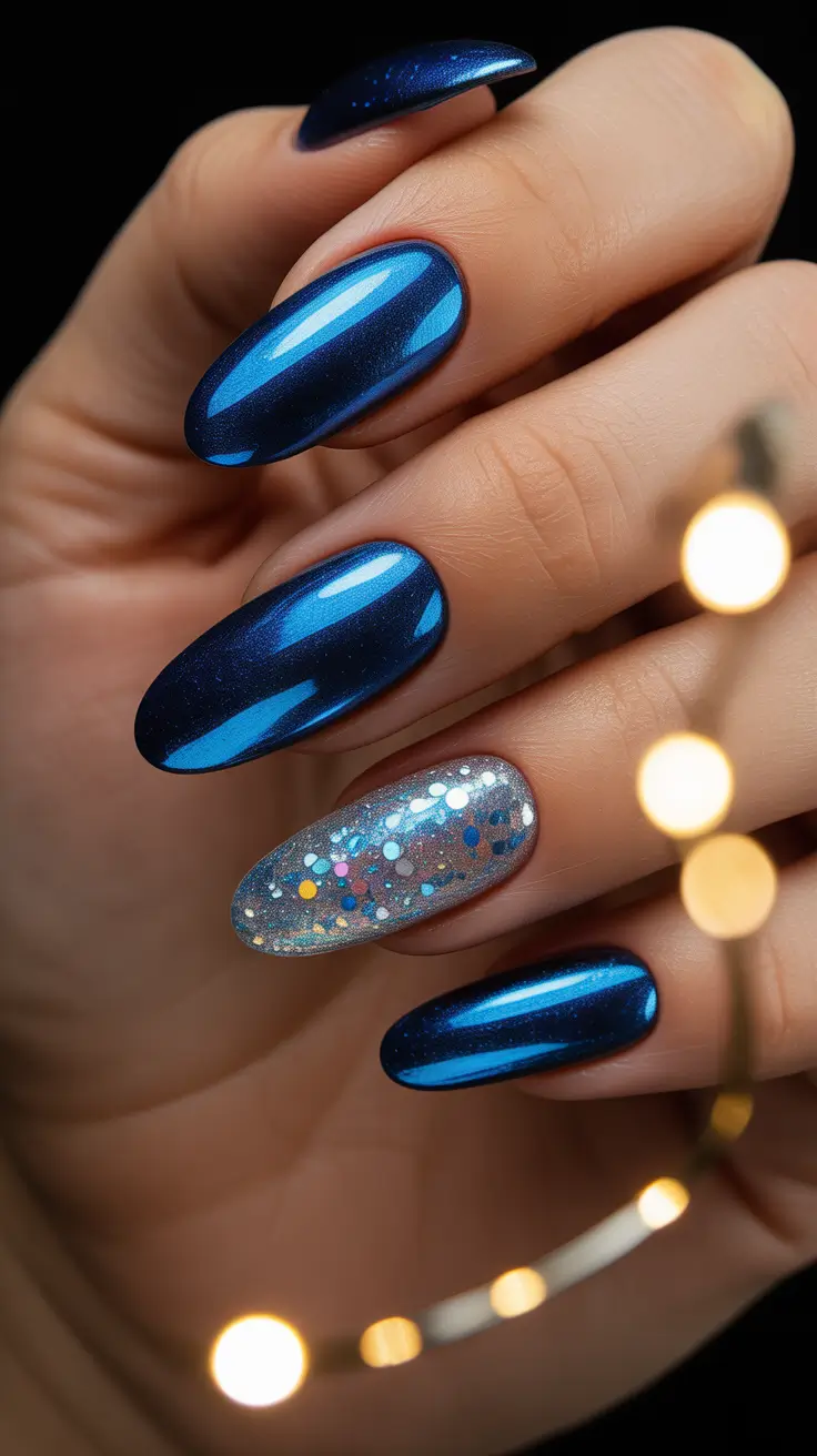 blue nail designs 2026 Party Night Galaxy: Chrome Blue & Confetti Sparkle
