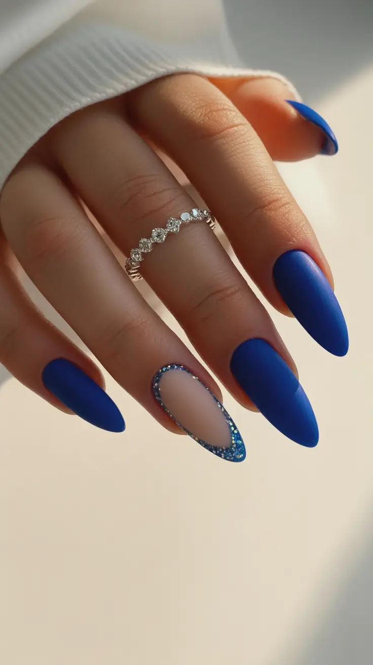 blue nail designs 2026 Matte Royal with a Crystal Window