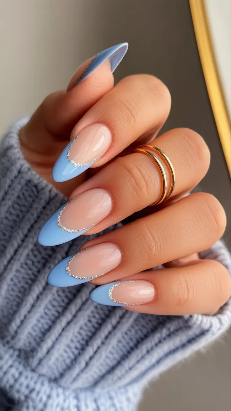 blue nail designs 2026 Frosted Tips with a Silver Crescent