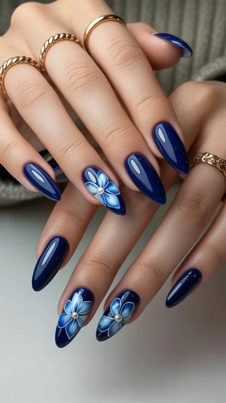 blue nail designs 2026 Midnight Bloom: Floral Elegance in Blue