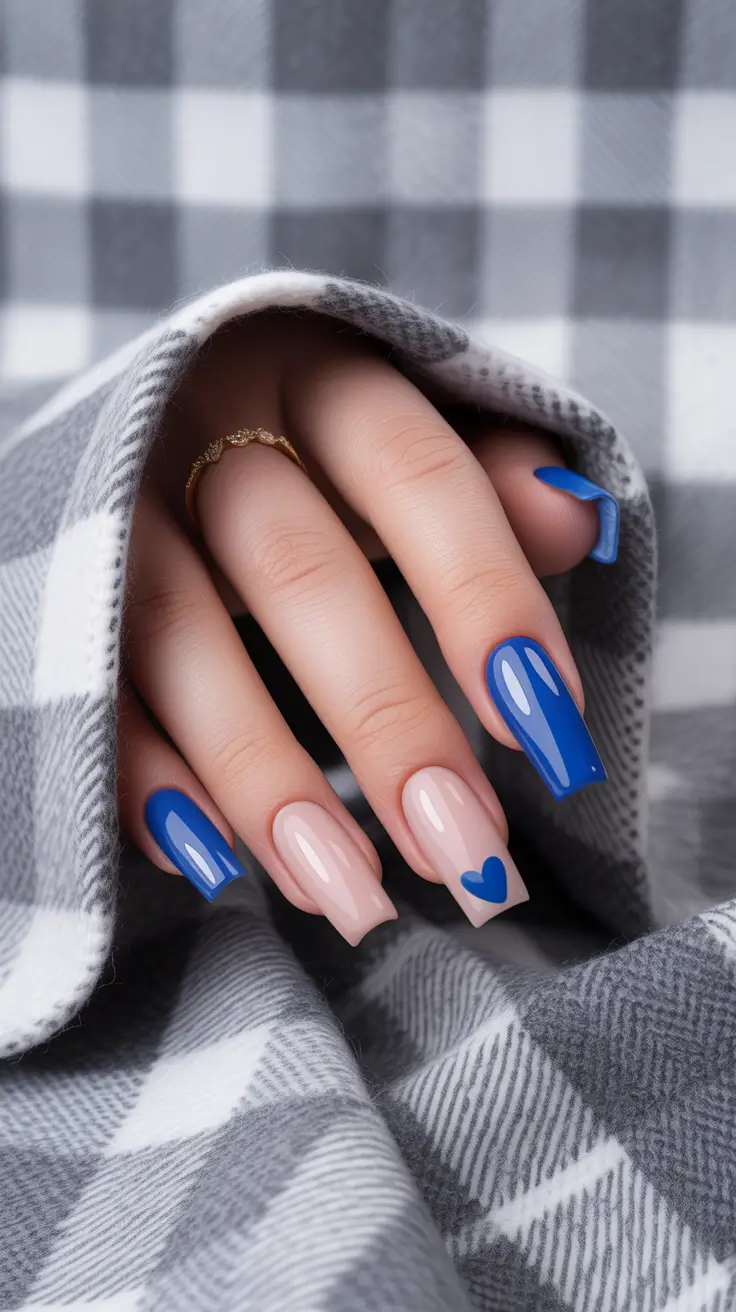blue nail designs 2026 Heart Pop: Graphic Love in Blue & Nude
