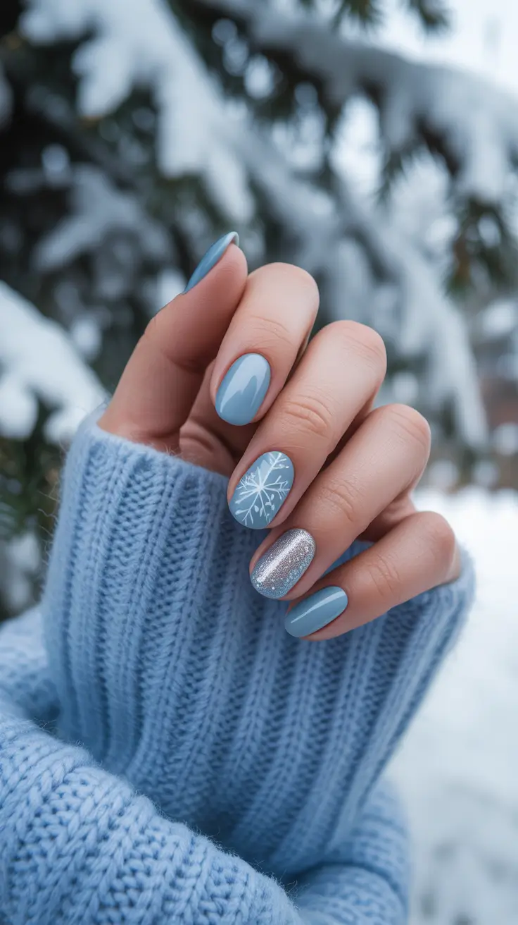 blue nail designs 2026 Snowflake Season: Icy Blue & Silver Play