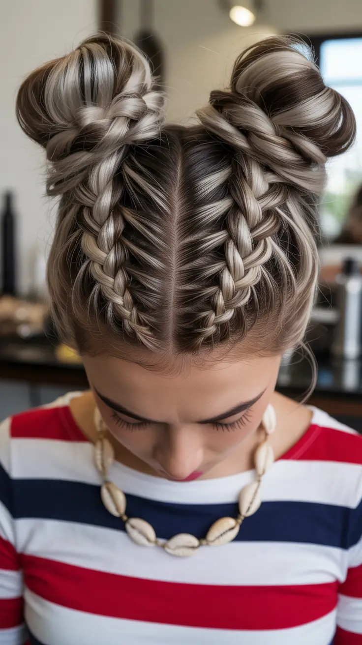 braids hairstyle 2026+Playful Space Buns with Braided Detail