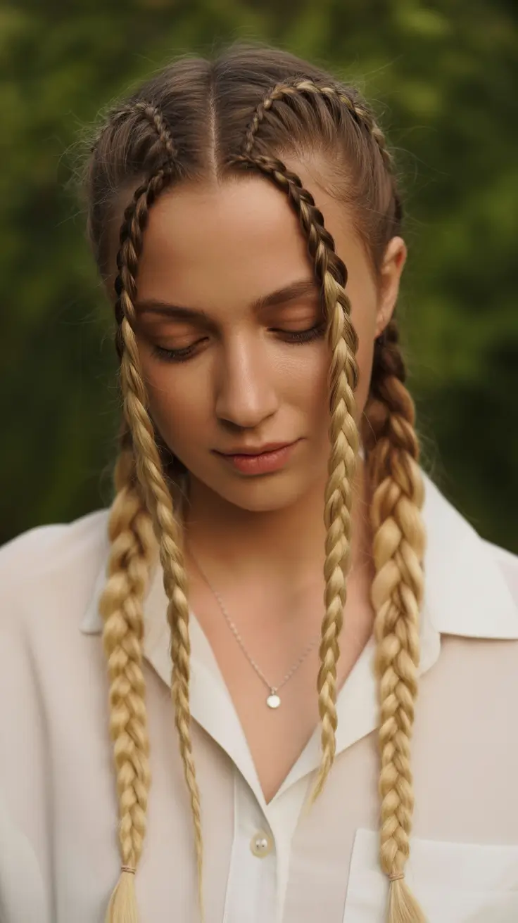 braids hairstyle 2026+Center-Part Quad Braids with Golden Fade