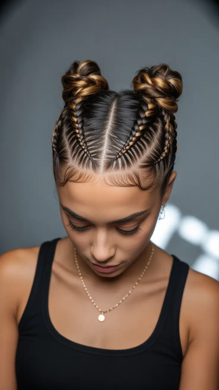 braids hairstyle 2026+Cornrow Space Buns with Edge Detail