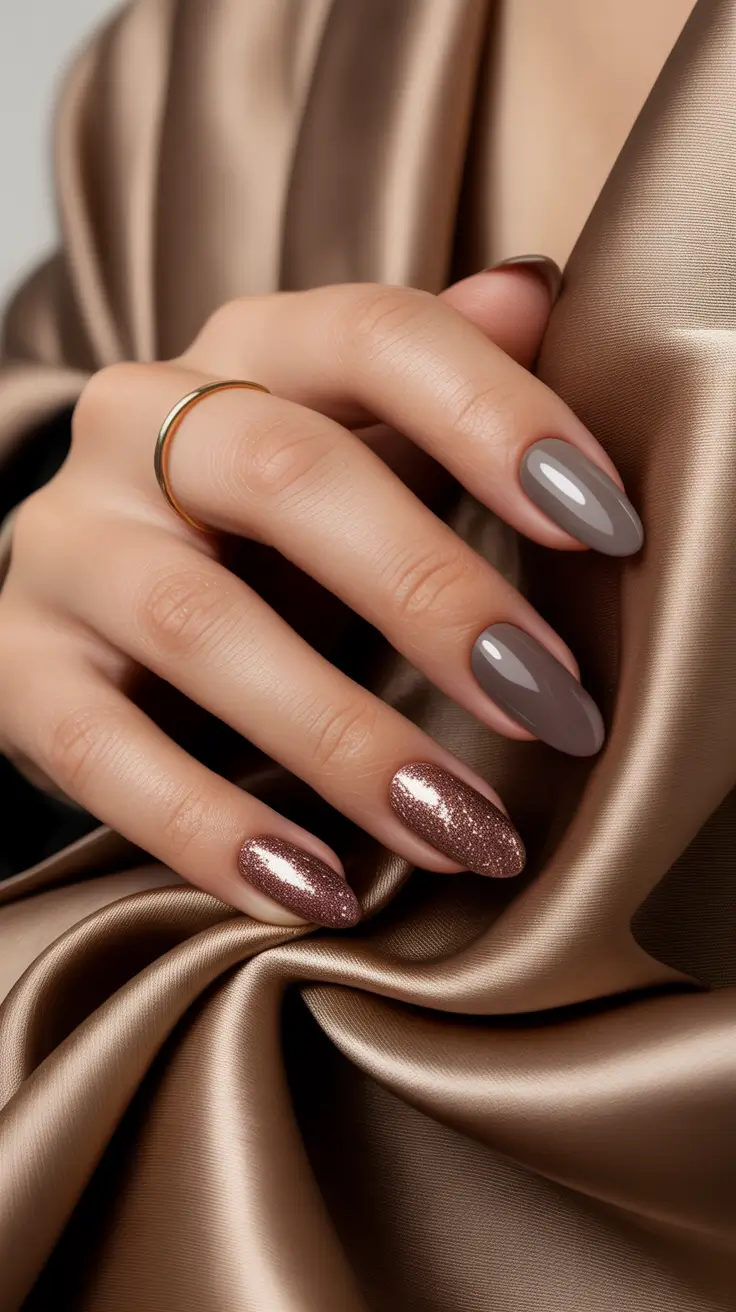 brown nail designs 2026 Silk Taupe & Cocoa Sparkle