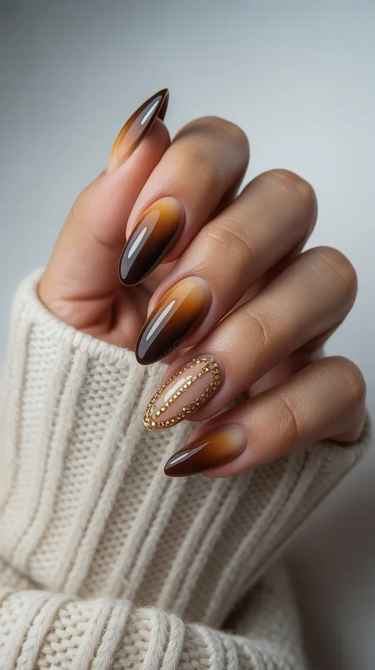 brown nail designs 2026 Amber Fade with Bejeweled Accents