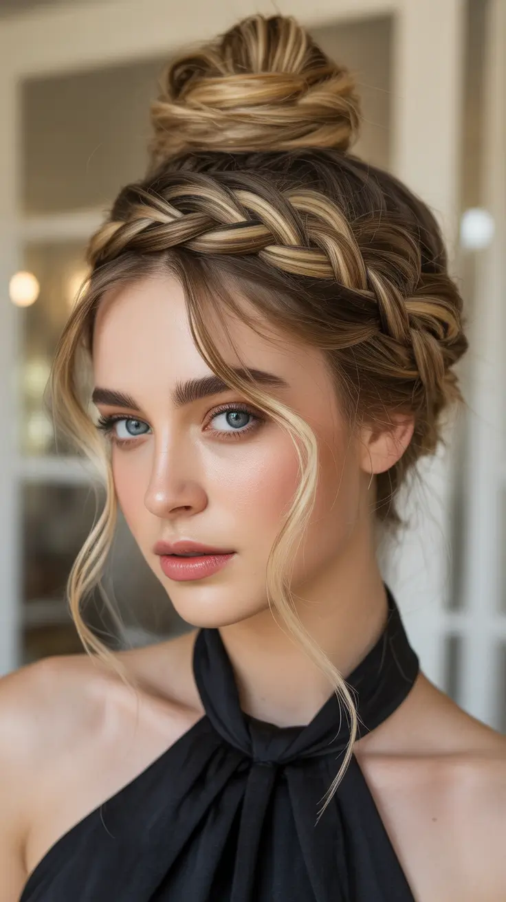 buns hairstyles 2026 The Braided Crown and Top Knot Duo