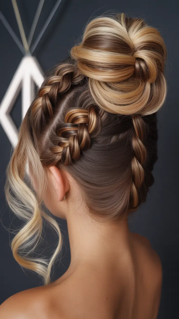 buns hairstyles 2026 Braided Crown Bun with Twisted Highlights