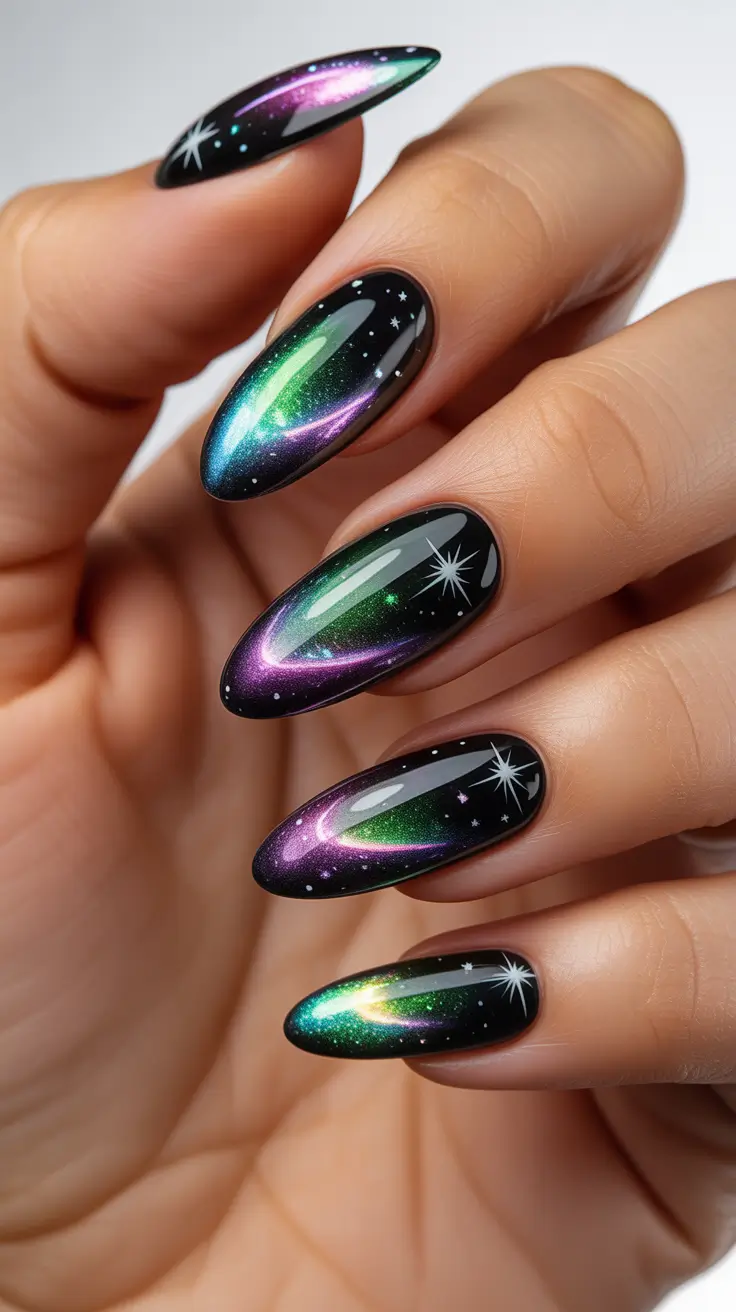 cat eye nails 2026 Galaxy Bloom: Stars in Motion