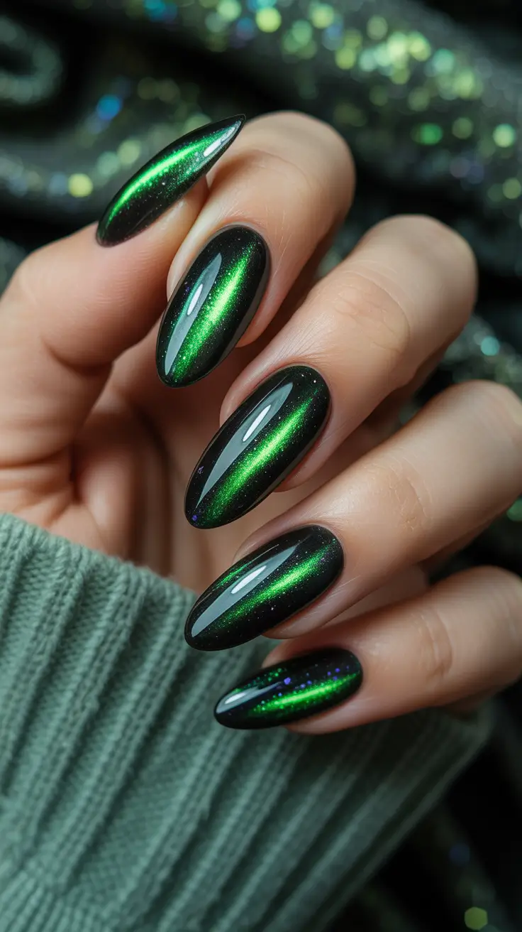 cat eye nails 2026 Aurora Beam: Green That Glows
