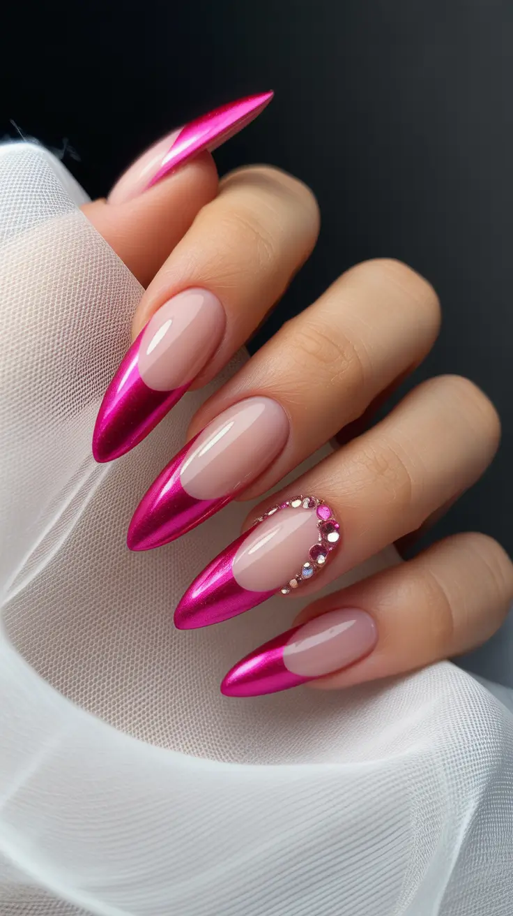 chrome-nail-designs-2026-Fuchsia-French-Chrome-With-Gem-Cut-Accents