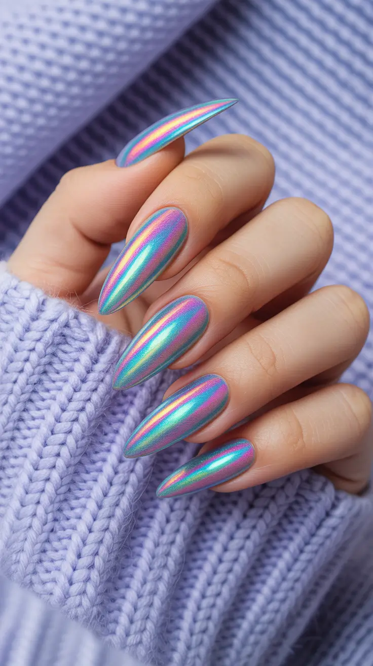 chrome-nail-designs-2026-Rainbow-Oil-Slick-in-Holographic-Lavender
