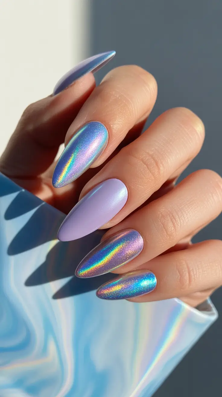 chrome-nail-designs-2026-Holographic-Sunset-With-Pastel-Lilac-Base