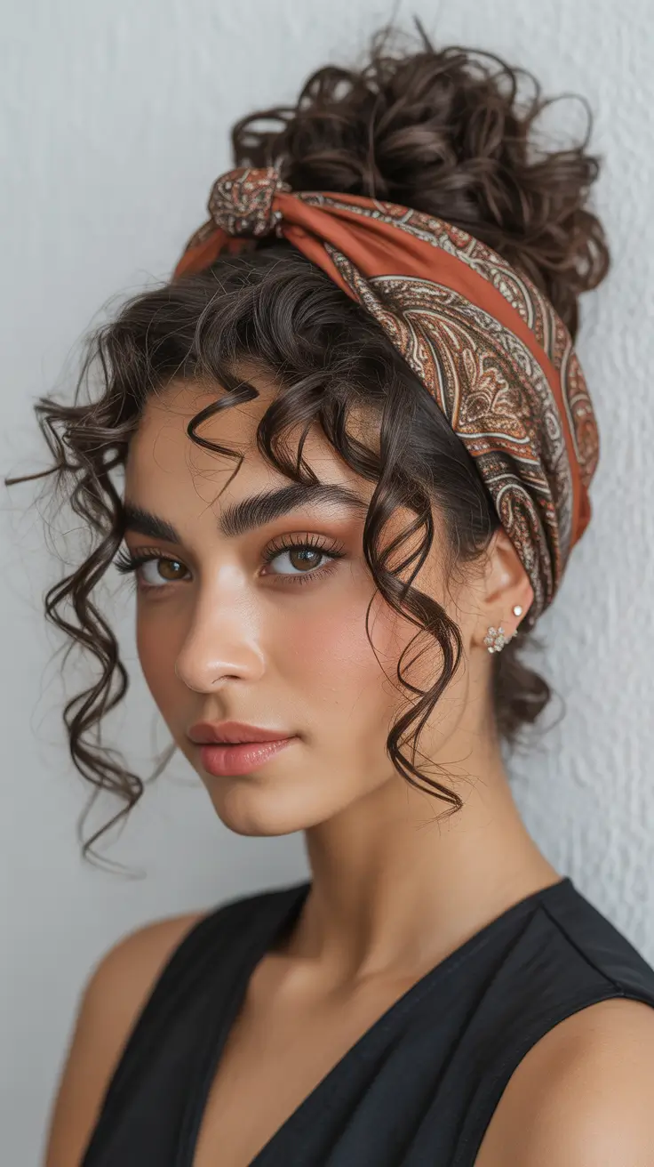 Curly hairstyle 2026 Messy Top Bun with Boho Curl Escape