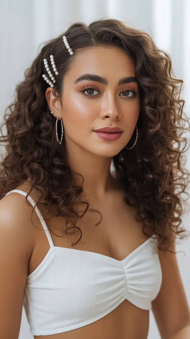 Curly hairstyle 2026 Curly Side Sweep with Pearl Accent Pins
