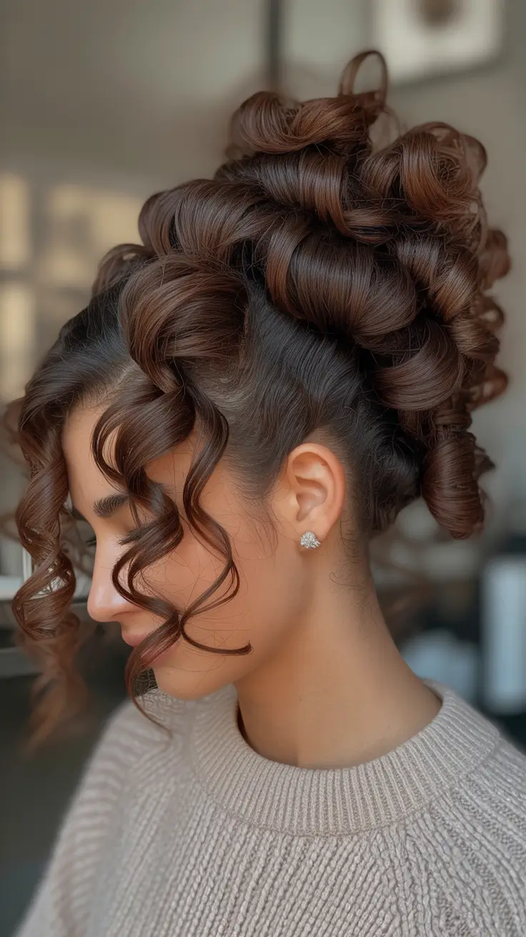Curly hairstyle 2026 Twisted Crown Updo with Defined Ringlets