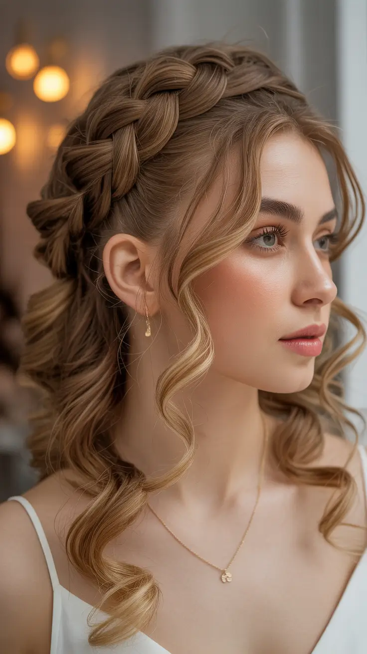 Curly hairstyle 2026 Milkmaid Braid with Cascading Loose Curls