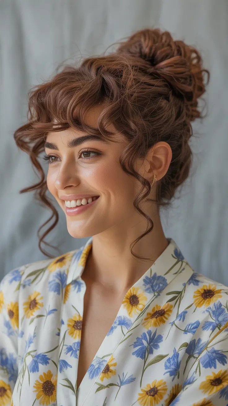 Curly hairstyle 2026 Top Knot with Whimsical Bang Curls
