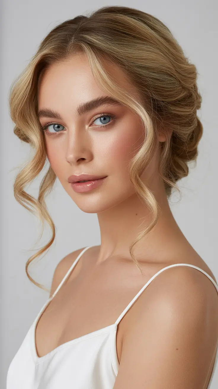 Curly hairstyle 2026 Romantic Soft Updo with Face-Framing Waves