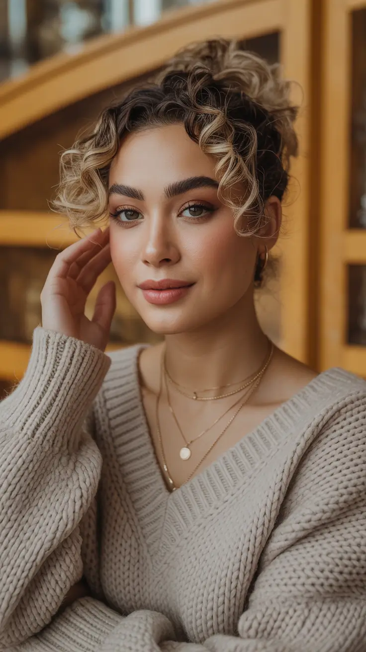 Curly hairstyle 2026 Short Tousled Curly Bob with Blonde Highlights