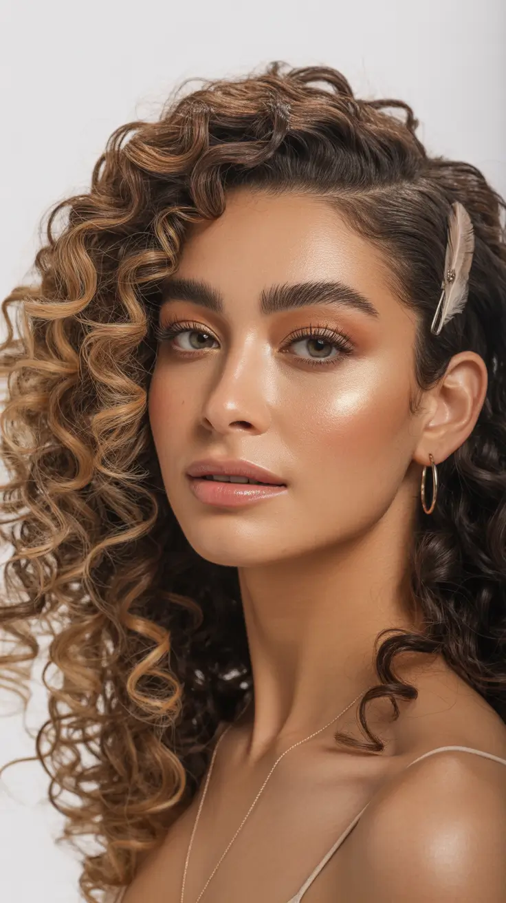 Curly hairstyle 2026 Side-Swept Curls with Golden Ombre Touch