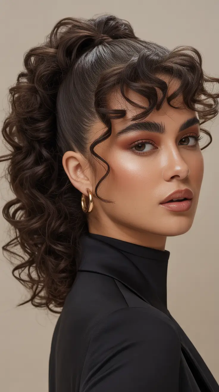 Curly hairstyle 2026 High Pony with Sculpted Bang Curls