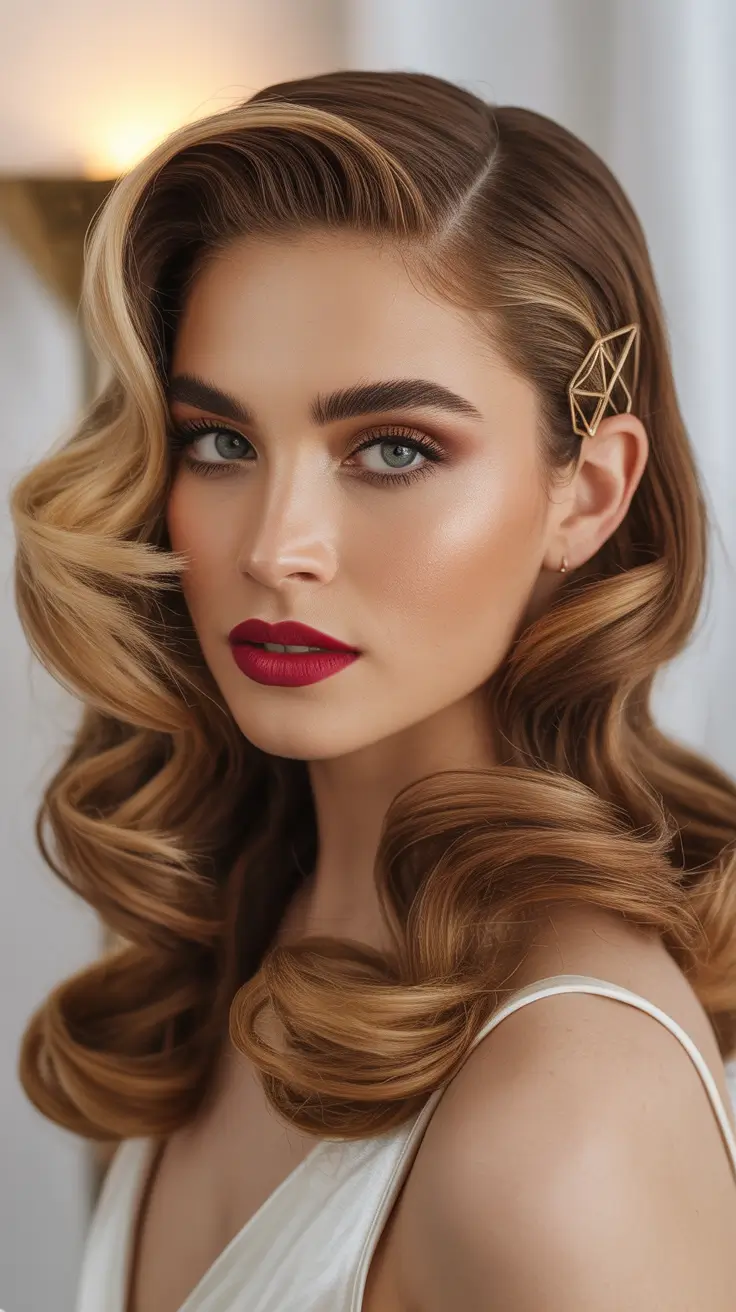 Cute Hairstyle 2026 Vintage Glam Waves with a Geometric Hair Clip