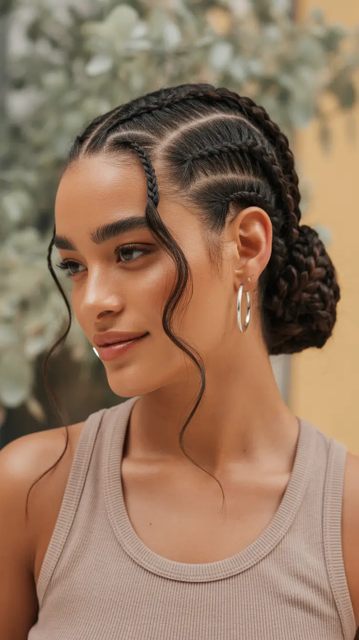 Cute Hairstyle 2026 Low Braided Bun with Defined Cornrows