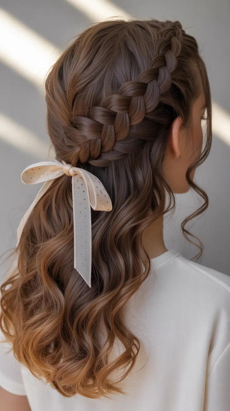 Cute Hairstyle 2026 Boho Crown Braid with a Dotted Bow Accent