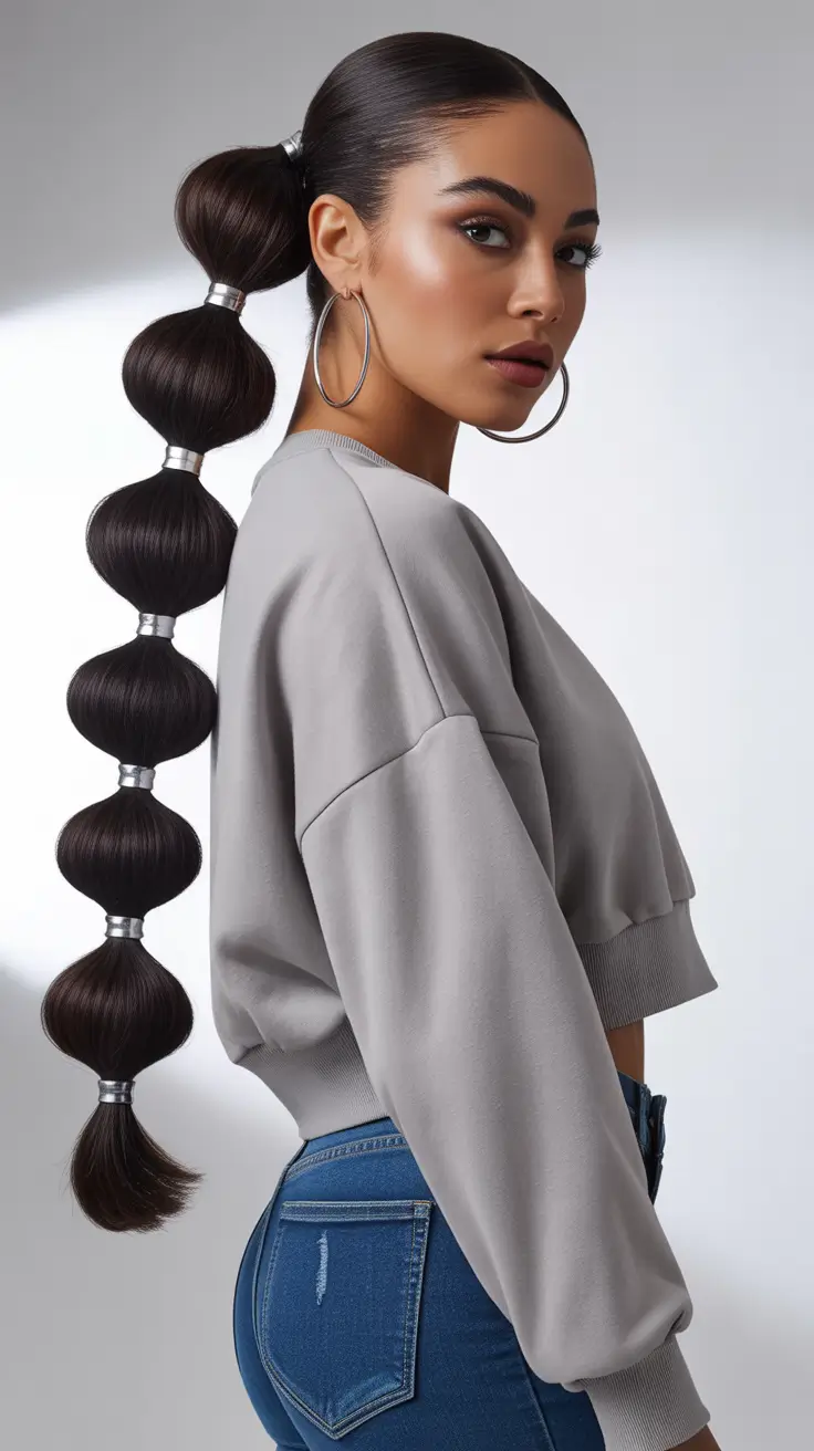 Cute Hairstyle 2026 Bubble Ponytail with Silver Ties
