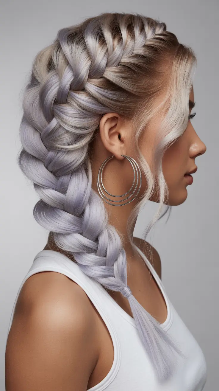 Cute Hairstyle 2026 Silver Lavender Boxer Braids with Face-Framing Layers