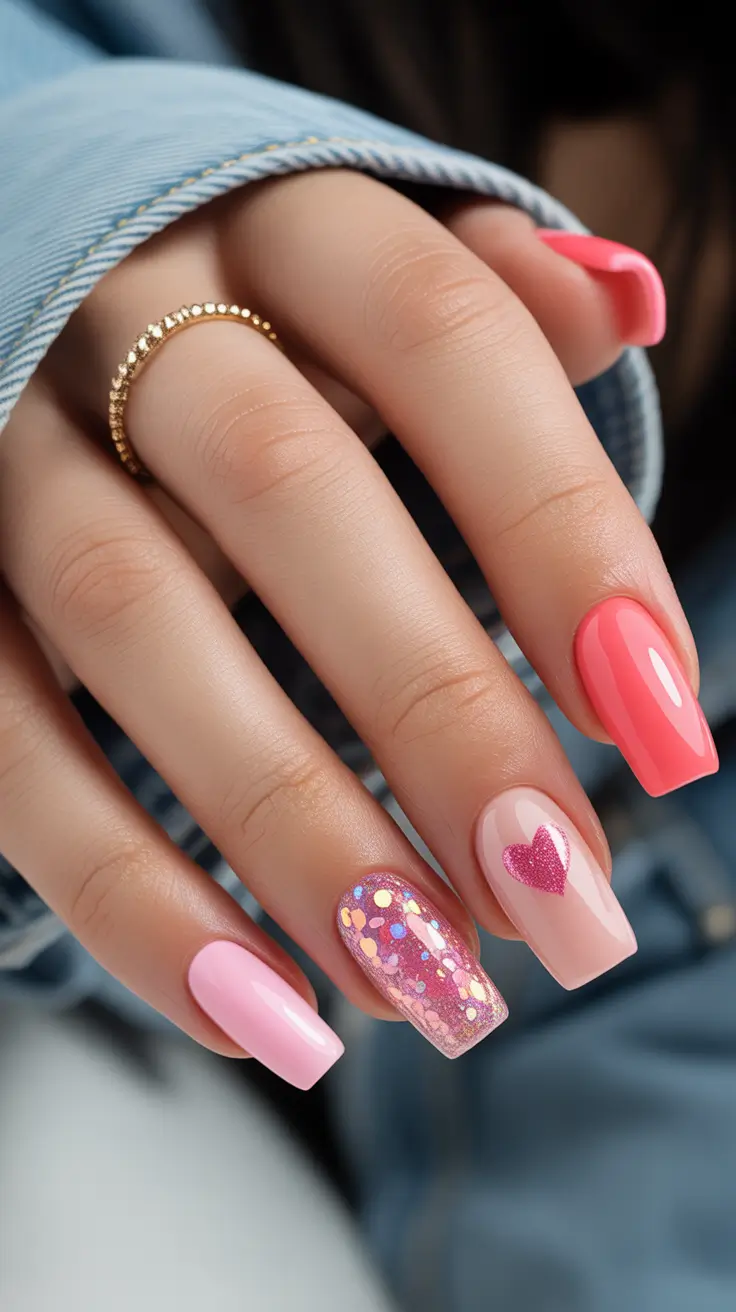 cute nail designs 2026+Pink Gloss & Confetti Hearts