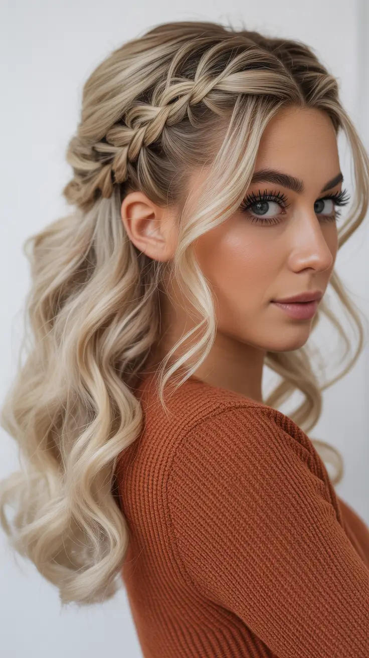 easy hairstyle 2026 Waterfall Crown Braid with Loose Curls